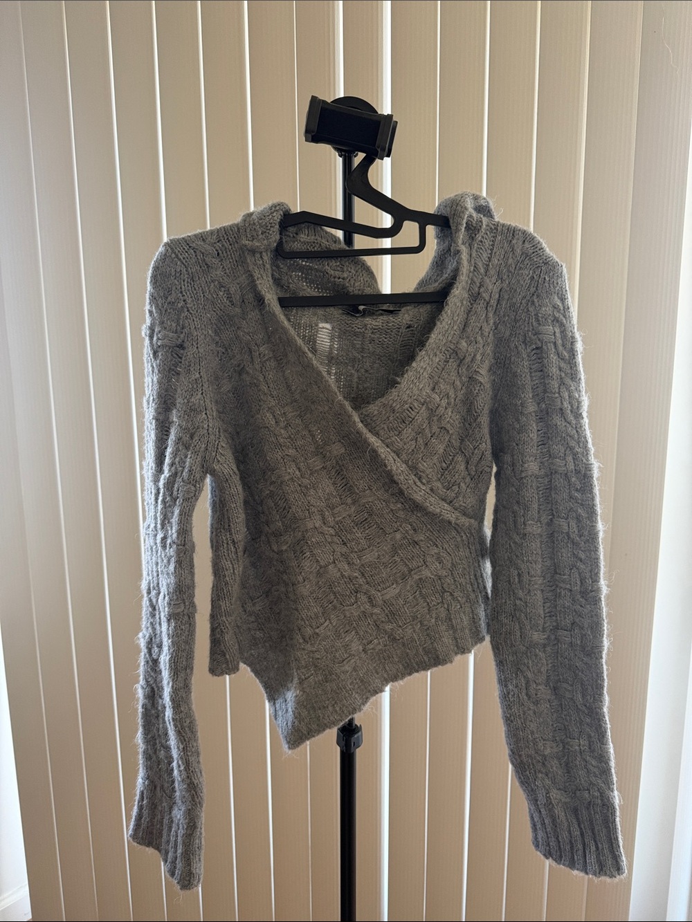 Zara Light Gray Cable-Knit Wrap V-Neck Sweater